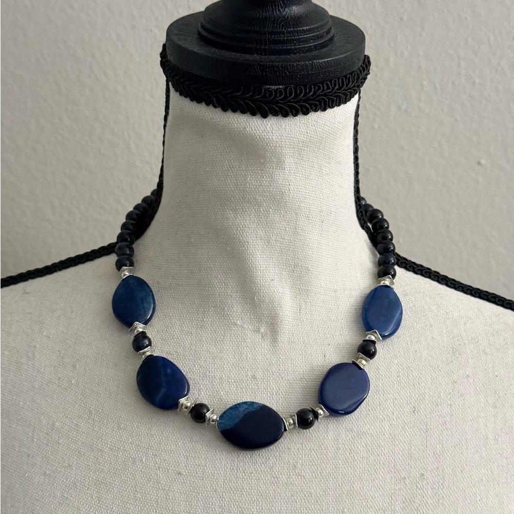 Oval Blue Crackle Agate & Tiger-Eye Gem Statement Necklace With Silver Accent